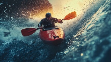 Kayaker in a Red Kayak Battling Whitewater Rapids in Dramatic Sunset Light
