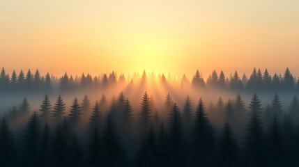 Sunset rays breaking through drifting fog in forest, golden glow, 3D illustration