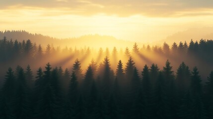 Obraz premium Sunset rays breaking through drifting fog in forest, golden glow, 3D illustration