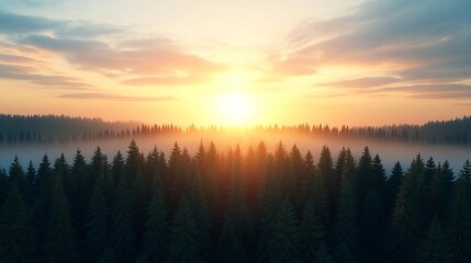 Obraz premium Sunset rays breaking through drifting fog in forest, golden glow, 3D illustration