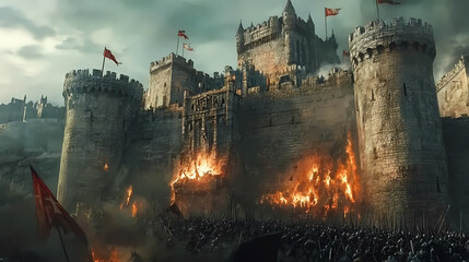Fototapeta premium Medieval castle under siege by a medieval army. Medieval Castle Siege. Illustration