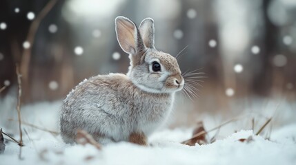 Obraz premium Cute rabbit sitting in snowy winter forest