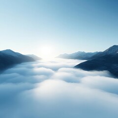 Fototapeta premium Valley covered in drifting fog, morning sunlight breaking through, 3D illustration
