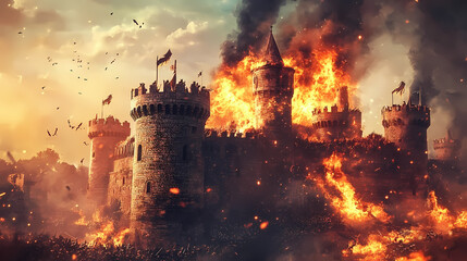 Fototapeta premium Medieval castle under siege, soldiers attack with flaming arrows. Medieval Castle Siege. Illustration