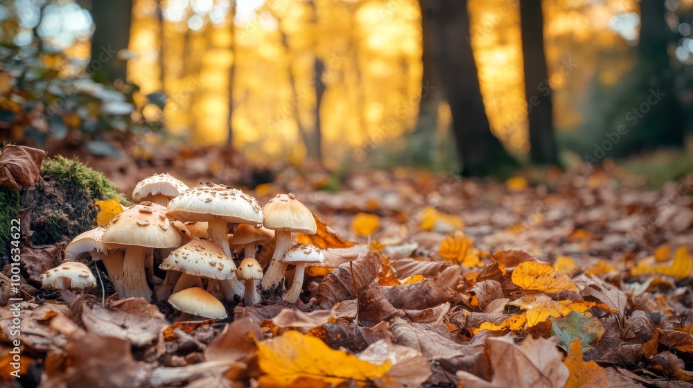 Wall mural mushrooms in autumn forest background composition