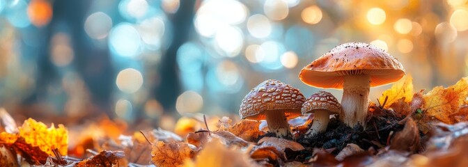 Mushrooms in autumn forest background composition