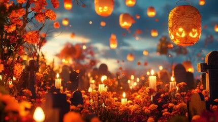 Candlelight glows in a graveyard adorned with marigolds and lanterns on All Souls' Day