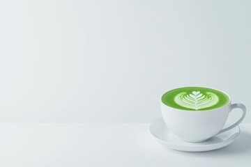 Green latte art in a white cup on a serene, isolated background.
