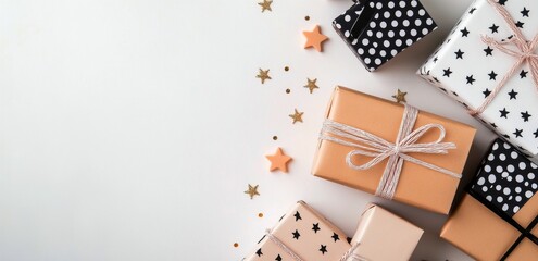 Fototapeta premium Festively wrapped gifts in various colors and sizes arranged on a light background for the holidays