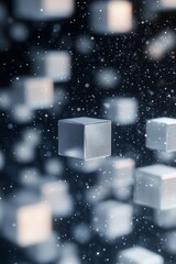 Floating white cubes with sparkles create an abstract effect on a dark background