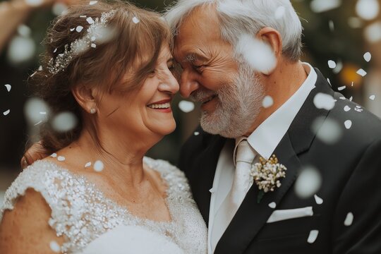 Elderly couple celebrating vow renewal with confetti