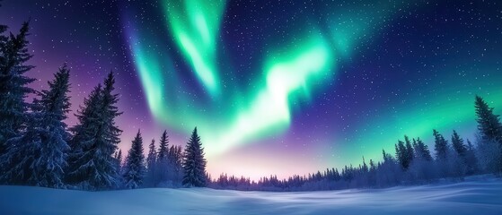 Naklejka premium Mesmerizing auroras illuminate a snowy landscape under a starlit sky.