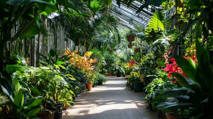 Obraz premium Greenhous filled with thriving plants, showcasing thriving growth and natural beauty