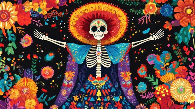 A skeleton figure dressed as a Catrina joyfully stands amidst bright floral decorations