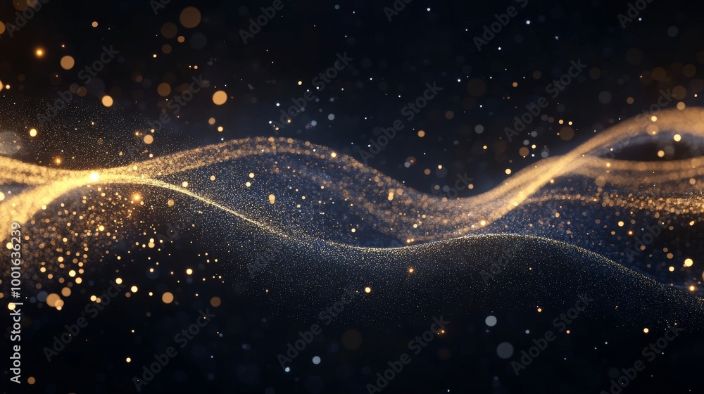 Poster abstract light trails and shimmering particles create a dynamic wave pattern in a dark setting