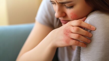 Woman with itchy rash from allergic reaction on skin