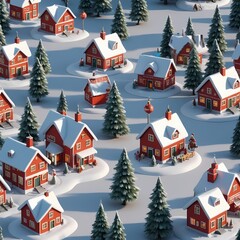 Bird's-eye view of winter village, charming atmosphere, snowy houses and evergreen trees, holiday scene, copy space