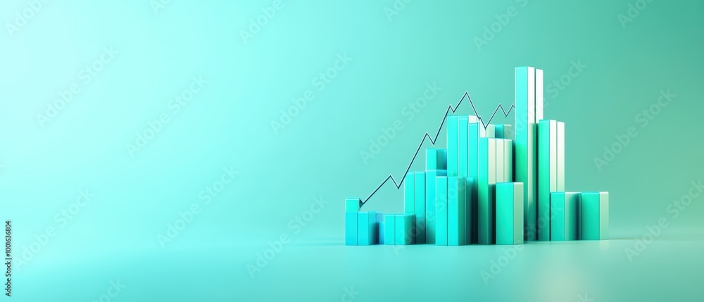 Poster stylized financial graph with turquoise bars and line against a smooth gradient background.