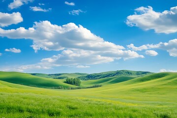 Obraz premium Sunny day with blue sky and fluffy clouds over green rolling hills. Nature landscape background