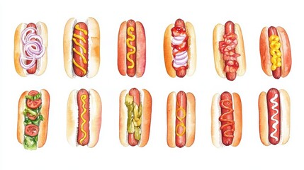 Variety of colorful hot dogs with different toppings, white isolated background.