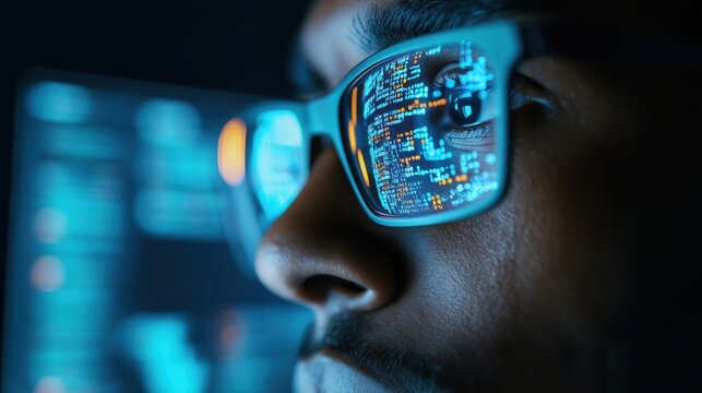 Focused developer with code reflection in glasses