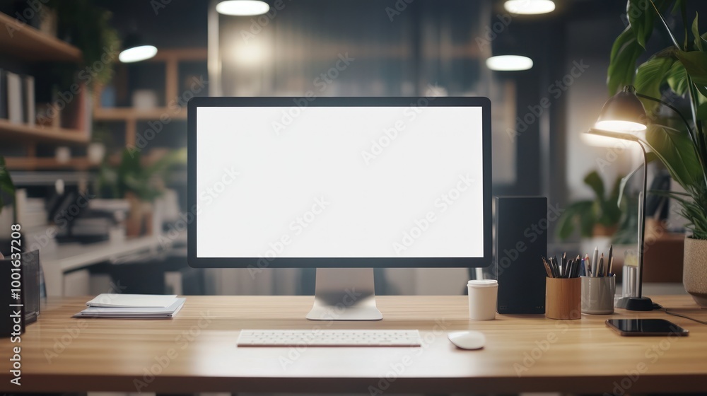 Poster modern workplace setup with blank computer screen