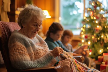 Fototapeta premium Grandmother knitting Christmas gifts with family nearby