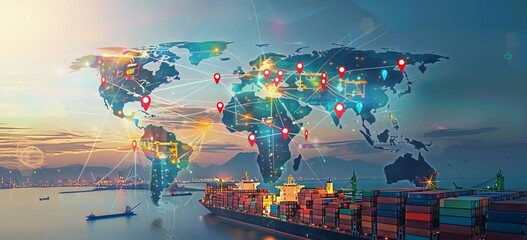 A global map with various location pins and connecting lines, representing the country's representation in container cargo data for AI model development. A ship sailing on sea waters is seen carrying 