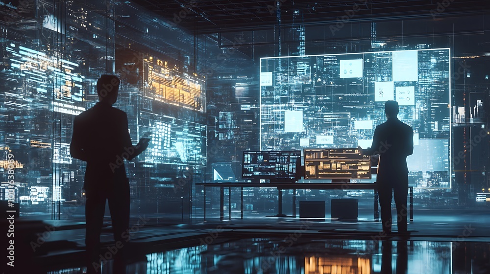 Poster two silhouettes of programmers working in a futuristic data center