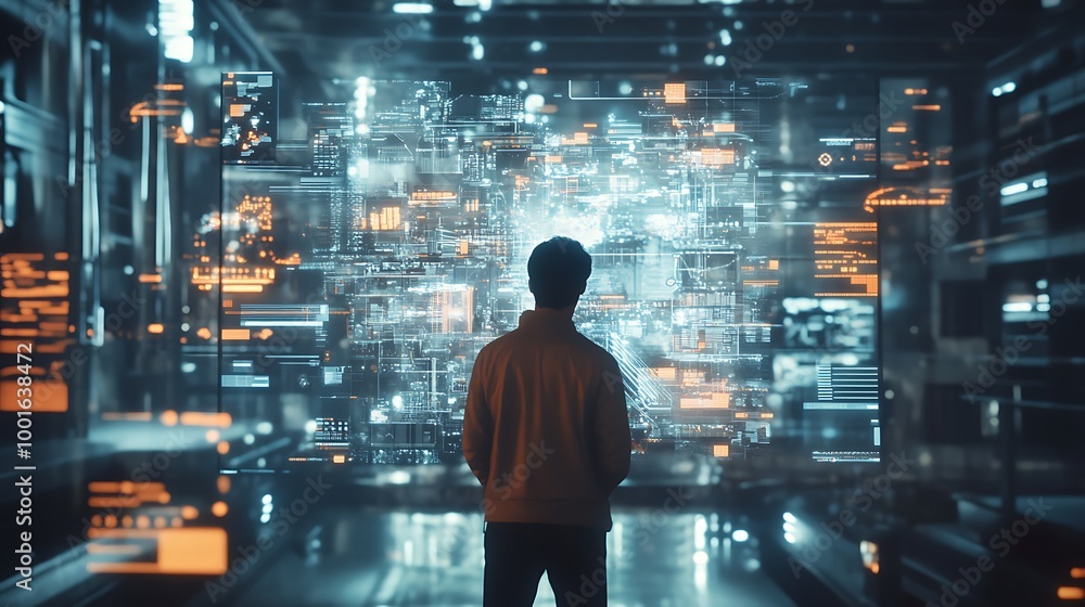 Poster Man standing in front of a digital wall of data, code, and information. Technology, artificial intelligence, and futuristic concept.