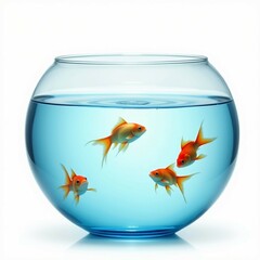 Four vibrant goldfish swim gracefully in a round aquarium filled with crystal-clear water, brightened by natural daylight, creating a serene environment.