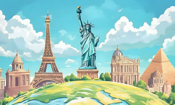 4K animation of a travel journey around the world, showcasing famous landmarks like the Eiffel Tower, Statue of Liberty, and Taj Mahal on a globe. The trip around the world and tourism concepts.