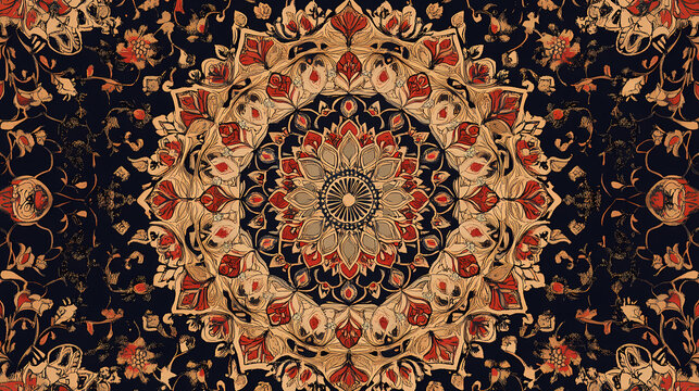 Rug carpet on a black background. carpet with ornament. abstract ornament. round mandala pattern, middle eastern traditional fabric texture. Persian Rug Design. Illustration