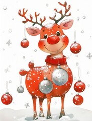 Fototapeta premium Cheerful Cartoon Reindeer Decorated With Christmas Ornaments in a Snowy Winter Scene