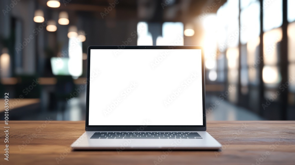 Poster laptop on table with bokeh background