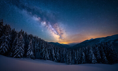 Night Sky Photography, Milky Way Above Snow-Covered Forest with Mountain Landscape, Starry Sky, Winter, Cosmic, Nature, Astrophotography, Galaxy, Scenic, Astronomy, Wilderness, Tranquility