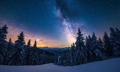 Night Sky Photography, Milky Way Above Snow-Covered Forest with Mountain Landscape, Starry Sky, Winter, Cosmic, Nature, Astrophotography, Galaxy, Scenic, Astronomy, Wilderness, Tranquility