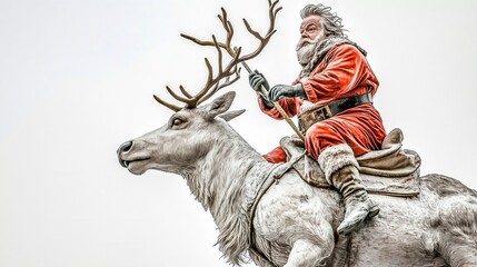 Fototapeta premium Santa Claus Riding a Reindeer During a Festive Winter Celebration in a Snowy Landscape