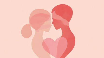 Two abstract figures connect intimately, sharing a heart amidst soft pink hues for Valentine's Day