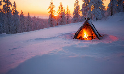 Travel Brochures and Nature Prints, Glowing Sunset Behind Snow-Covered Landscape with Frosted Trees and Fallen Branches, Winter, Cold, Sunrise, Snow, Scenic, Warm Light"