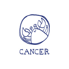 Cancer zodiac sign. Hand drawn sketch. Blue pen or marker drawing. Astrological calendar, zodiacal round. Vector horoscope