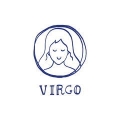 Virgo zodiac sign. Hand drawn sketch. Blue pen or marker drawing. Astrological calendar, zodiacal round. Vector horoscope