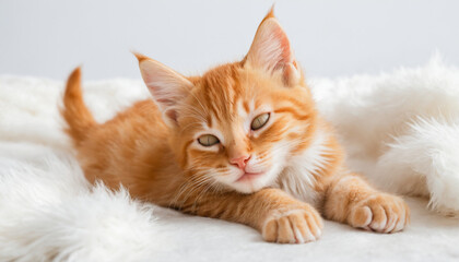 Chat chaton roux orange endormi coussin couverture lit blanc repos sieste mignon adorable.