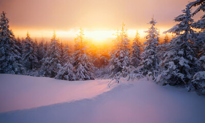 Winter Holiday Postcards, Serene Snow-Covered Forest at Sunset with Sunlight Casting Warm Glows, Nature, Winter, Sunrise, Snow, Scenic Landscape