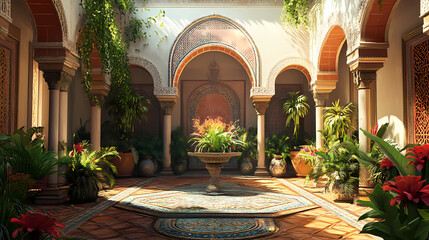 Moorish horseshoe arches and vibrant mosaics in a serene courtyard create breathtaking artistry. Moorish Architecture. Illustration