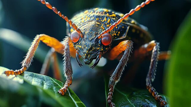 A close-up view of a black and orange beetle perched on a green leaf