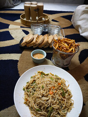 Occasional food item is served in the floor carpet