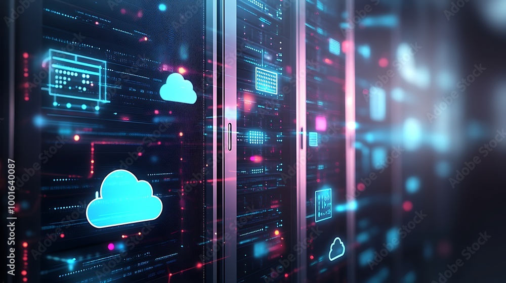 Fototapete Row of servers with glowing cloud icons, representing data storage and cloud computing.