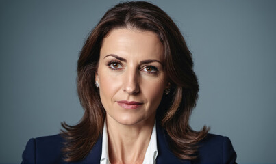 Fototapeta premium A woman with brown hair looks directly at the camera while wearing a blue blazer