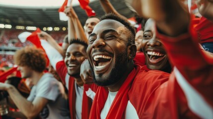 Sport Stadium Soccer Match: Diverse Crowd of Fans Cheer for their Red Team to Win. People Celebrate Scoring a Goal, Championship Victory. Group People with Painted Faces Cheer, Shout, Have Fun